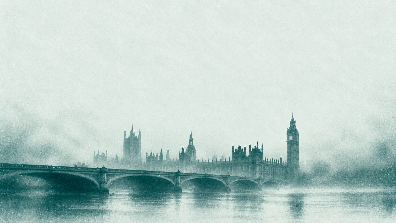 Big Ben, the Houses of Parliament and Westminster Bridge fading into cyan and pale teal mist, with vintage photographic grain.